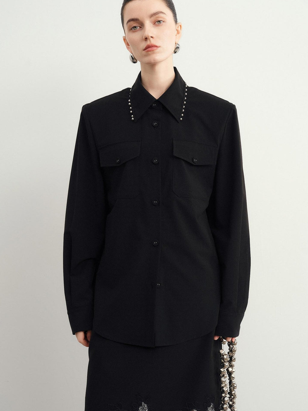 audreyyang Original Relaxed Collared Cardigan Long Sleeve Women Polyester Wool Blouses
