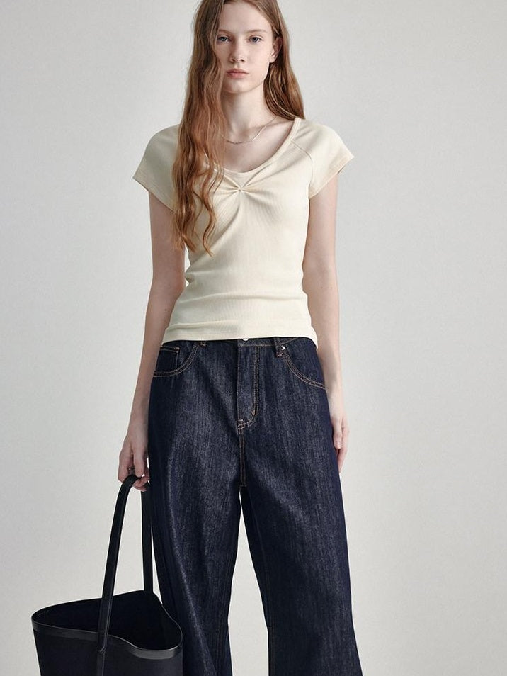 fano V-neck Drawstring Cotton Blend Minimal Straight Women Short Sleeve T-Shirts