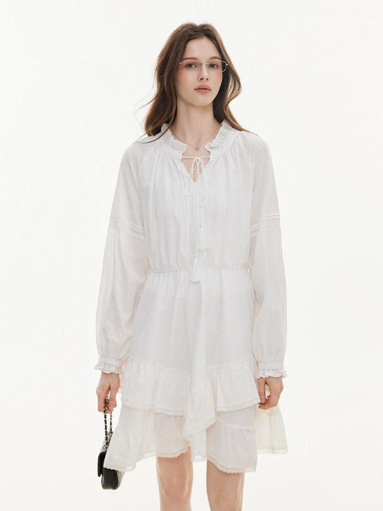 ikyou Non Fading V-neck Drawstring High Waist A Line Casual White Midi Dresses