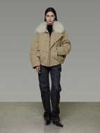 unspoken 90% White Duck Down Fur Collar Loose Commuter Khaki Zip Lapel Down Jackets