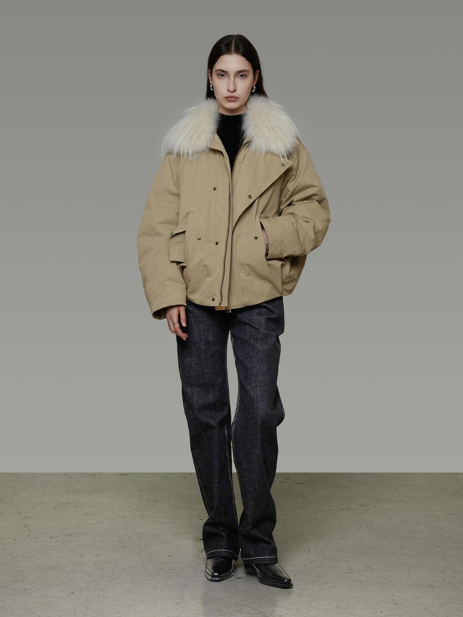 unspoken 90% White Duck Down Fur Collar Loose Commuter Khaki Zip Lapel Down Jackets