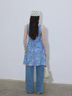 Lofi choose Printed Polyester Sleeveless V-neck A Line Casual Women Black Blue Midi Dresses