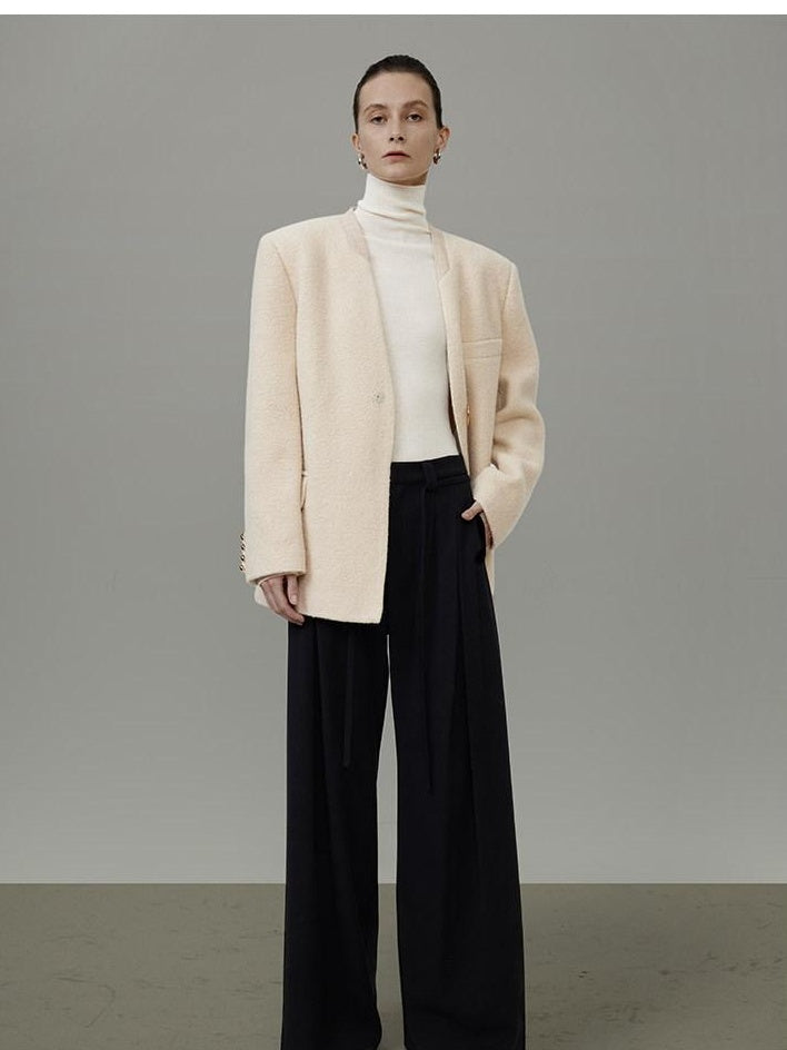 unspoken Cream Wool Blend Commuter Loose Fit V-neck Single Button Women Wool Coats