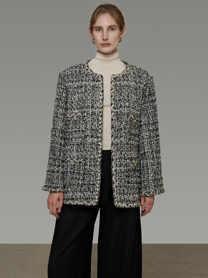 unspoken Warm Wool Blend Houndstooth Loose Fit Simple Commuter Black White Short Coat