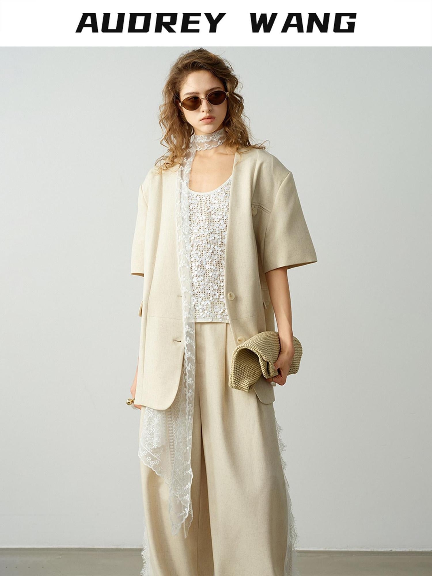 audreyyang Pure Linen Commuter Loose Fit Short Sleeve V-neck Women White Blazers