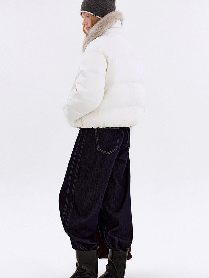 fano Warm 90% White Duck Down Casual Loose High Waist Lapel Collar Women Down Jackets