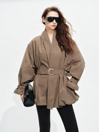 audreyyang Tie Front Vintage Oversized Batwing Sleeve Women Polyester Cropped Jackets