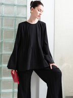 audreyyang Pleated Minimalist Office Loose Fit Bell Sleeve Women Black Polyester Blouses