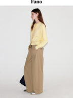 fano Cotton Elastic Waist Pocket Korean Workwear Women Khaki Straight Pants