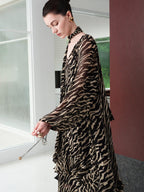 audreyyang Soft Viscose Ruffle Casual A Line Zebra V-neck Long Sleeve Maxi Dresses