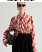 audreyyang Vintage Plaid Loose Fit Long Sleeve Collared Open Front Polyester Women Shirts