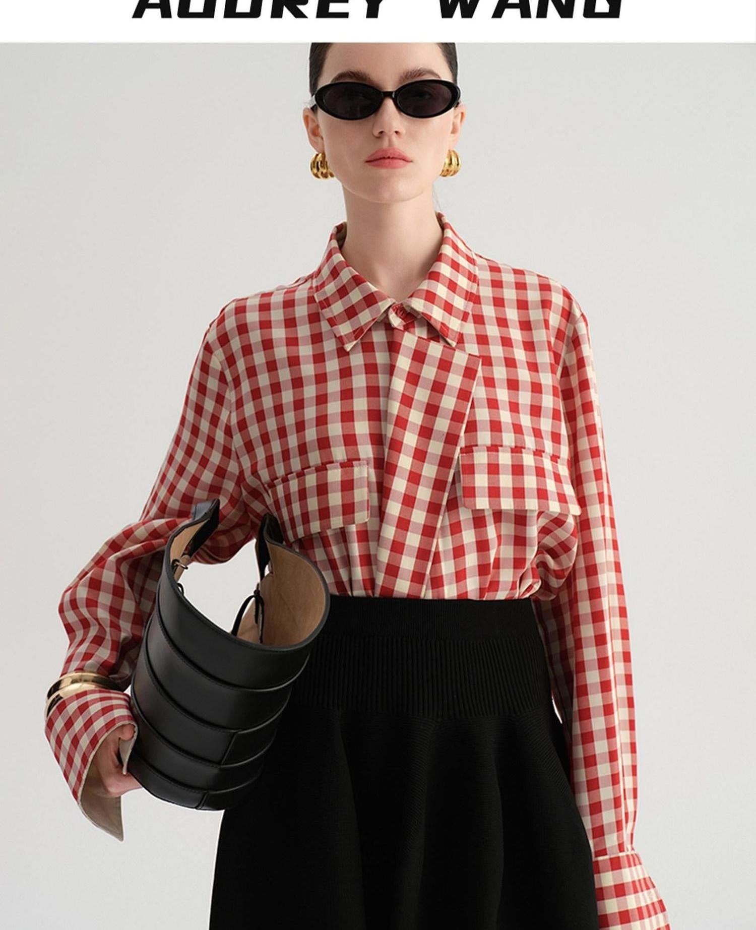 audreyyang Vintage Plaid Loose Fit Long Sleeve Collared Open Front Polyester Women Shirts