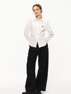 ikyou Embroidered Pleat Slim Fit Office Cotton Blend Collared Long Sleeve Blouses