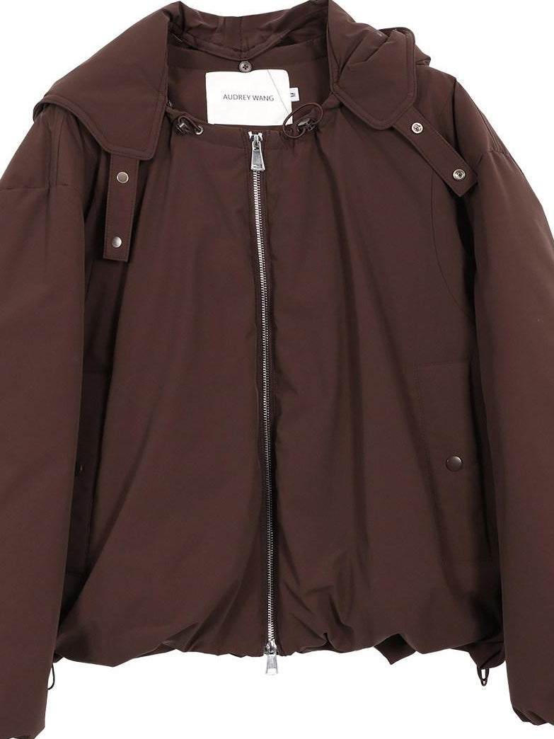 audreyyang Warm 90% White Duck Down Zip Loose Fit Detachable Hood Burgundy Brown Hoodie