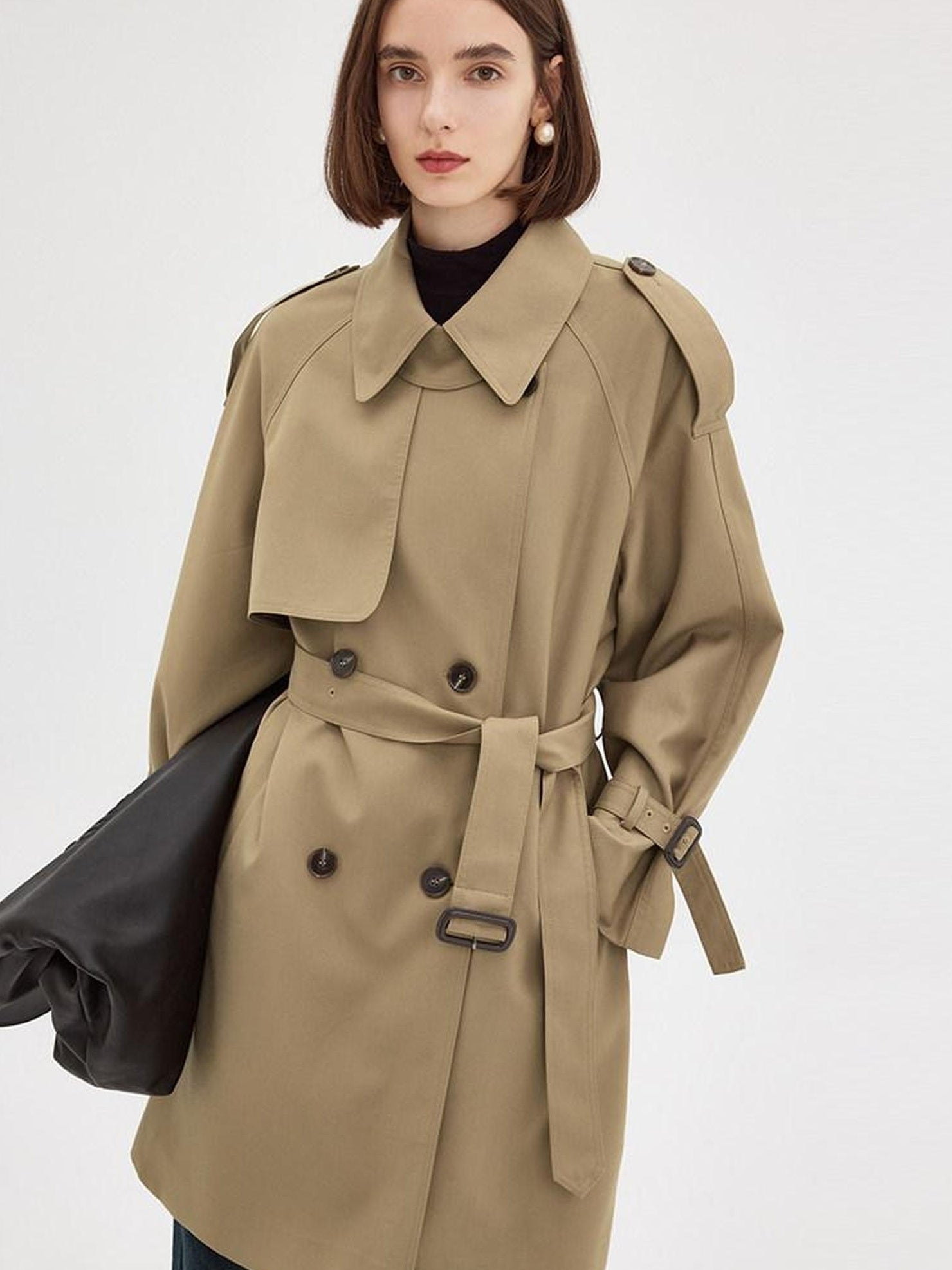 fano Pocketed Relaxed Raglan Midlength Double Breasted Khaki Womens Trench Coats
