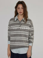 Lofi choose Soft Acrylic Blend Loose Fit Striped Polo Collar Office Women Knit Sweaters