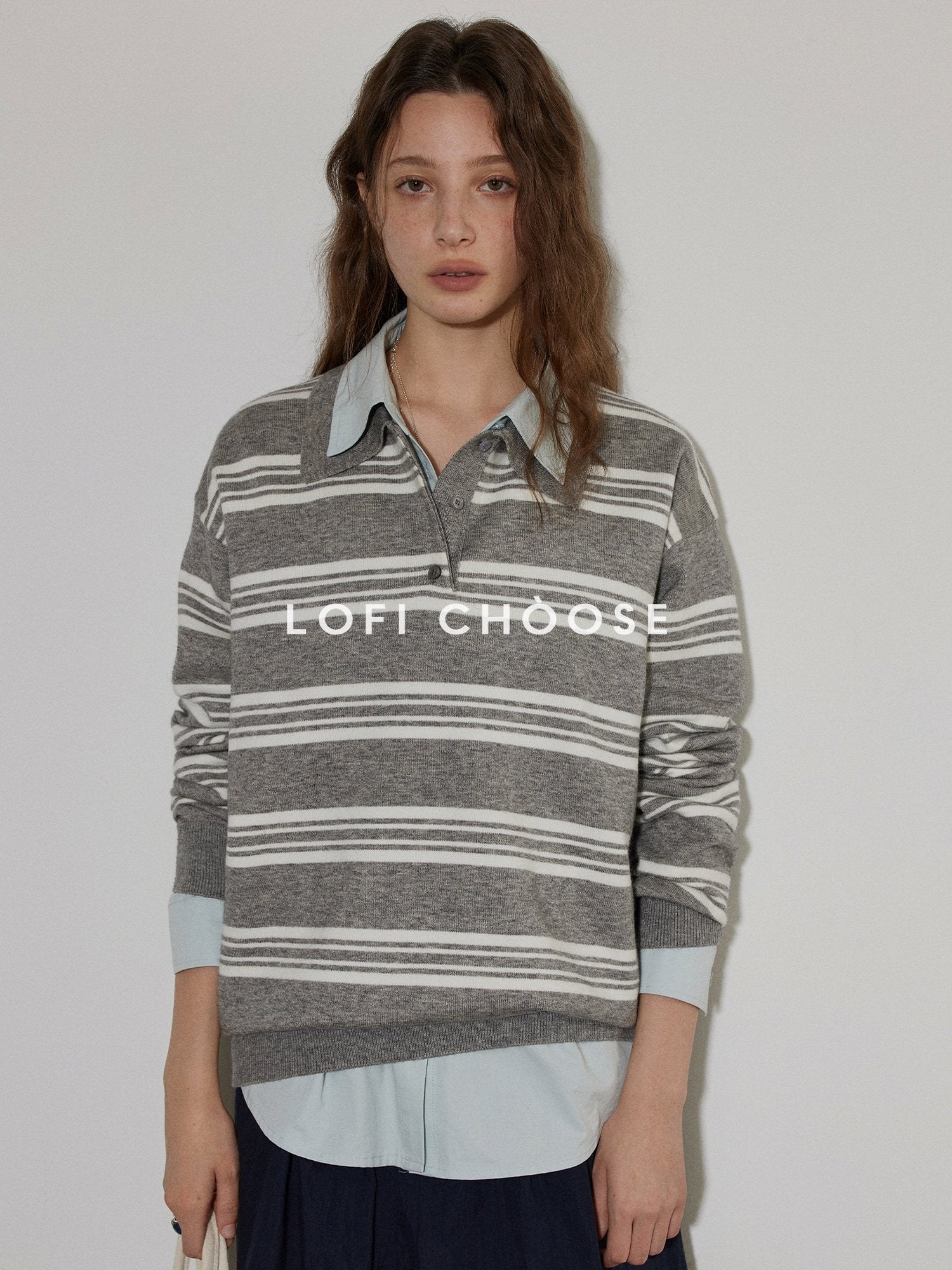 Lofi choose Soft Acrylic Blend Loose Fit Striped Polo Collar Office Women Knit Sweaters