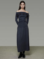 unspoken High Stretch Slim Knit Boat Neck Long Sleeve Dark Gray Office Top & Skirt Sets