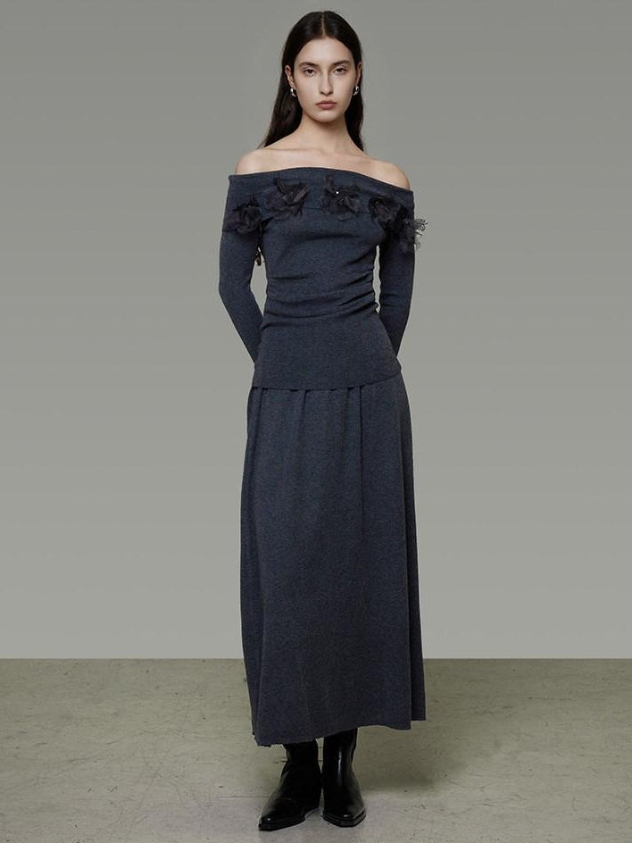 unspoken High Stretch Slim Knit Boat Neck Long Sleeve Dark Gray Office Top & Skirt Sets