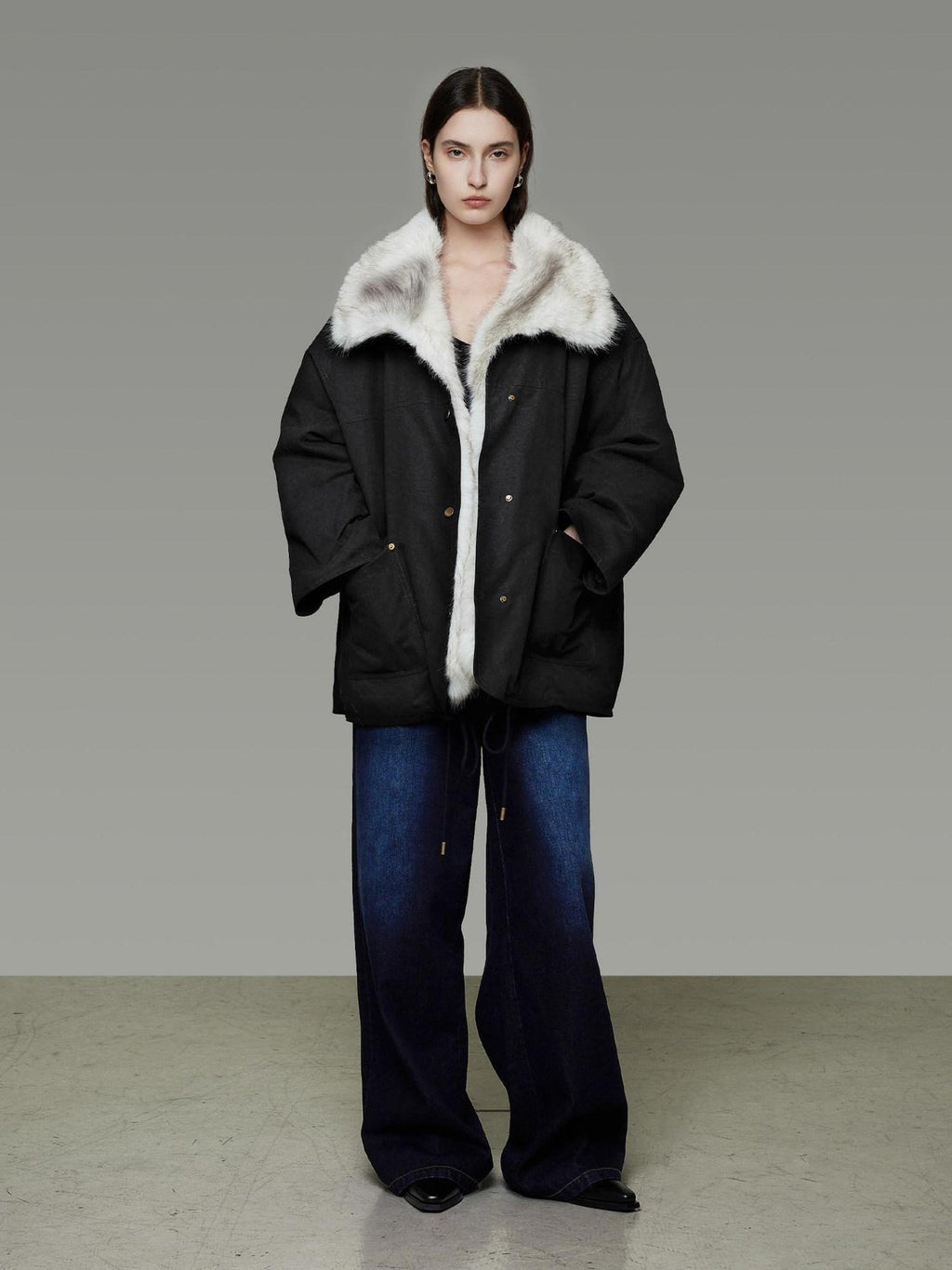 unspoken Fur Lined Thick Minimal Commuter Loose 3D Tailored Cotton Navy Puffer Jackets