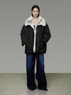 unspoken Fur Lined Thick Minimal Commuter Loose 3D Tailored Cotton Navy Puffer Jackets