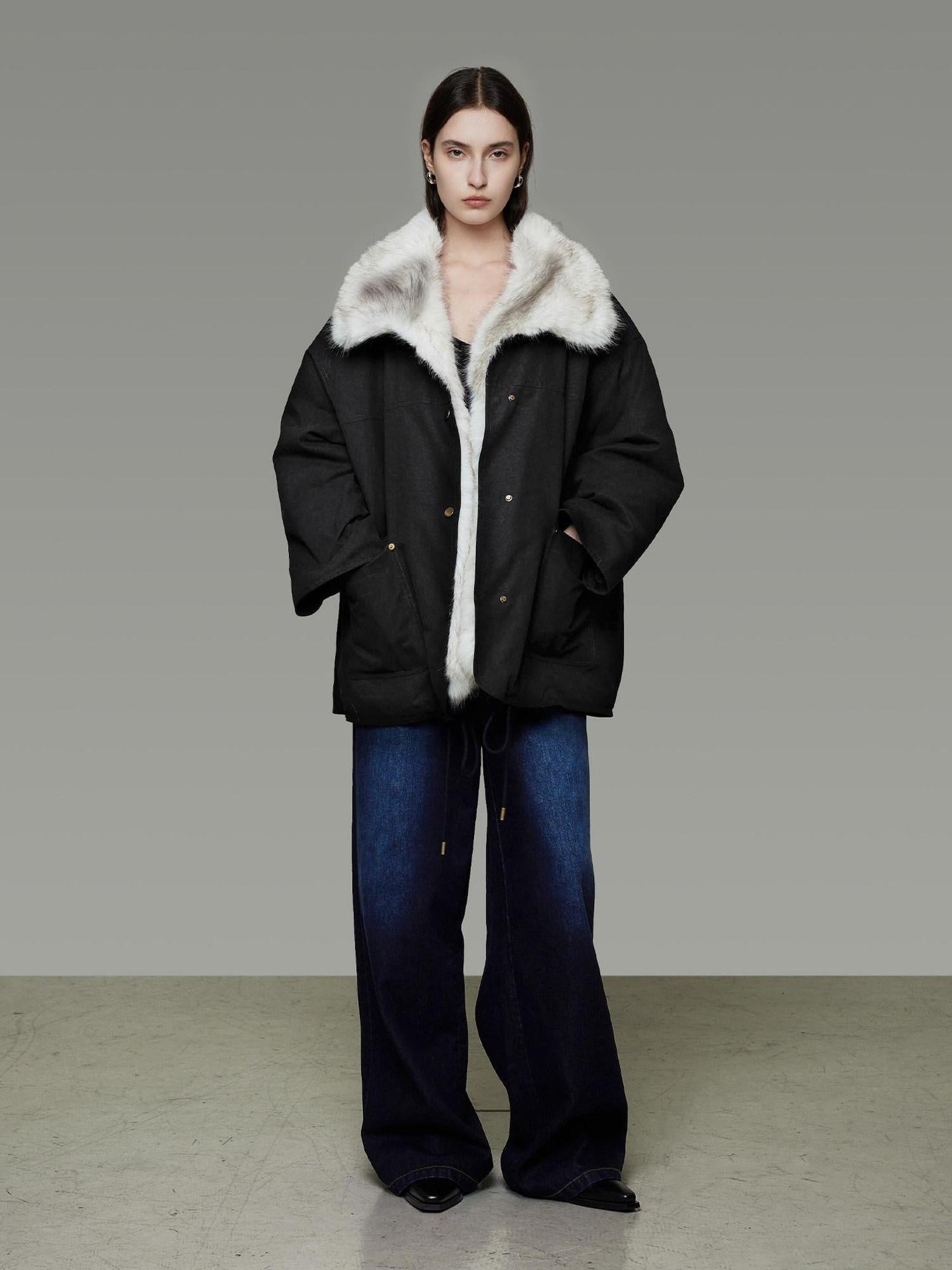 unspoken Fur Lined Thick Minimal Commuter Loose 3D Tailored Cotton Navy Puffer Jackets
