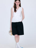 fano Cotton Linen Korean Ruffle Slim Fit Women White Off Shoulder Crop Tops