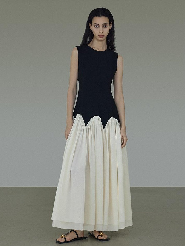 unspoken High Waist Colorblock A Line Sleeveless Minimalist Workwear Viscose Maxi Dresses
