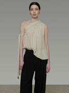 unspoken Polyester French Asymmetric One Shoulder Loose Fit Women Solid Camisoles