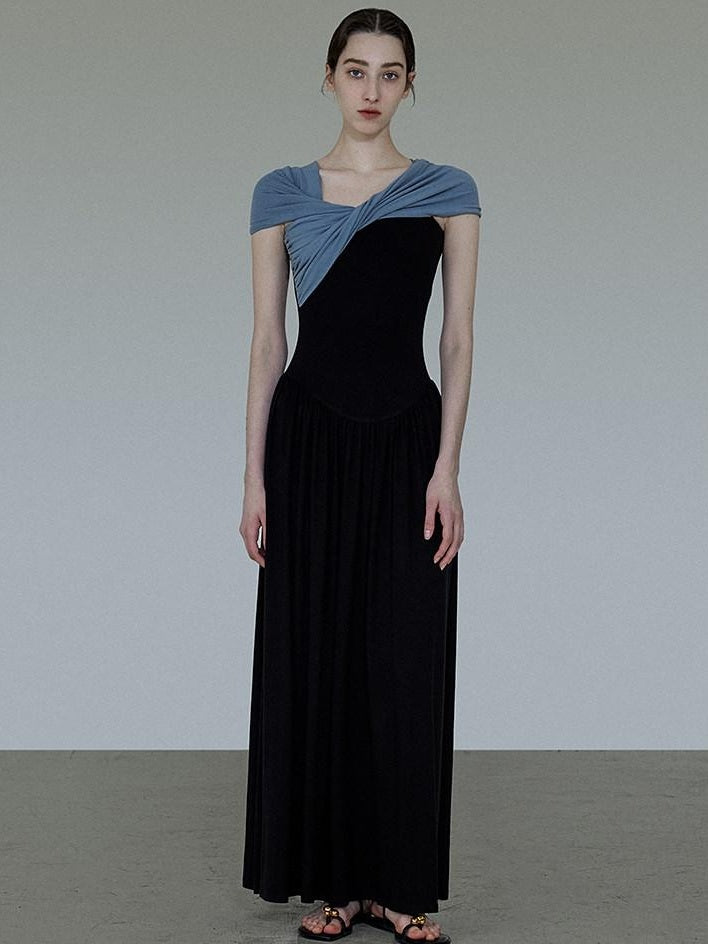 unspoken High Waist Colorblock V-neck A Line Viscose Knit Casual Women Maxi Dresses