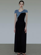 unspoken High Waist Colorblock V-neck A Line Viscose Knit Casual Women Maxi Dresses