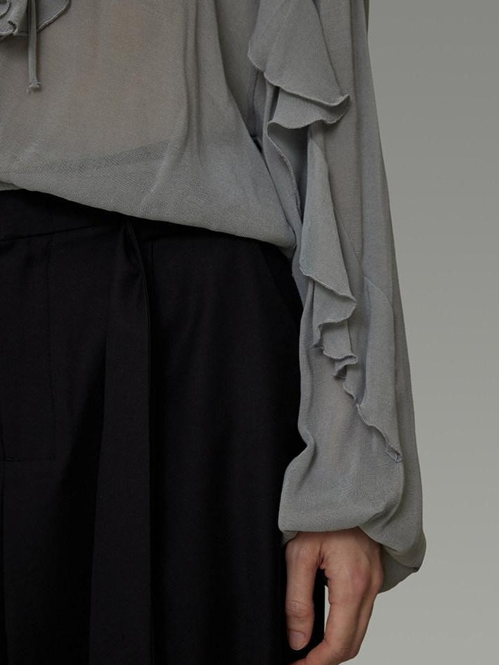 unspoken Breathable V-neck Ruffle Loose Fit Commuter Workwear Women Blue Pullover Blouses