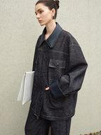 audreyyang Original Design Loose Patchwork Topstitch Cotton Blend Women Denim Jackets
