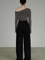 unspoken Slim Ruched Office Knit Long Sleeve Women Sage Green Off Shoulder Crop Tops