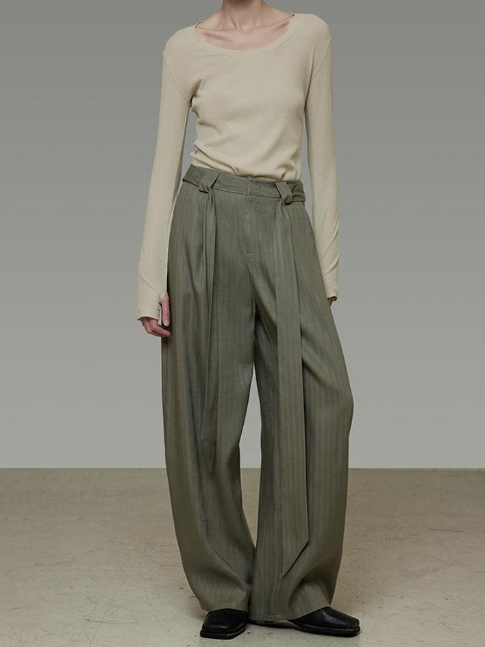 unspoken Sexy High Waist Striped Drawstring Straight Hem Office Breathable Wide Leg Pants