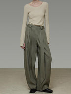 unspoken Sexy High Waist Striped Drawstring Straight Hem Office Breathable Wide Leg Pants