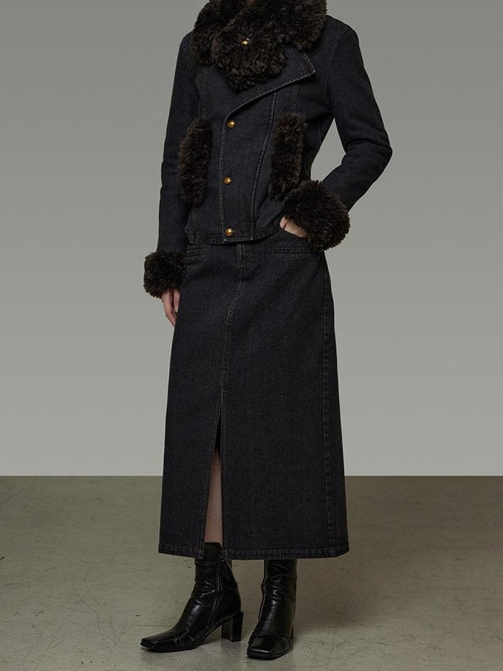 unspoken Warm Buttoned Panel Slim High Waist Long Sleeve Women Black Top & Skirt Sets