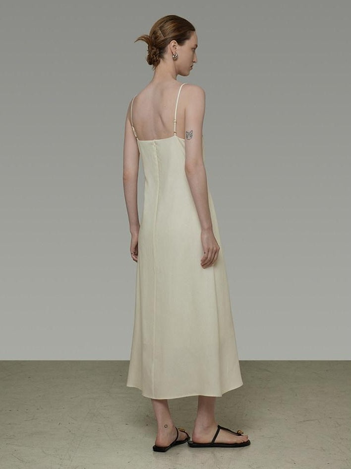 unspoken Embroidered Tencel A Line Cami V-neck Natural Waist Office White Maxi Dresses