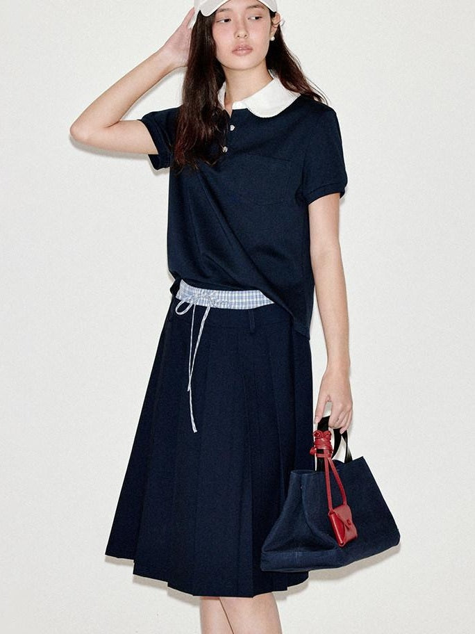 fano Classic Pleated Mid Waist Korean Office Navy Polyester Rayon Midi Skirts