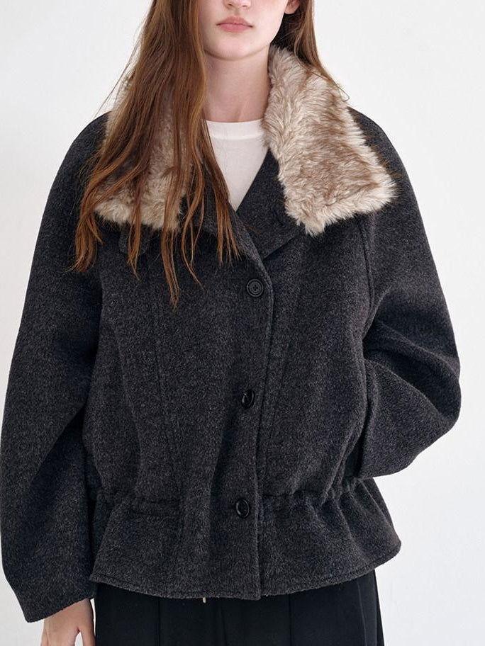 fano Warm Wool Blend Relaxed Stand Collar Drawstring Women Black Gray Short Coat