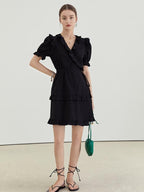 fano High Waist Tie A Line Cotton V-neck Puff Sleeves Casual Work Women Midi Dresses