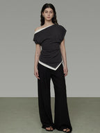 unspoken Viscose Knit Slim Minimal Women Colorblock Off Shoulder Crop Tops