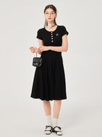ikyou Soft Stretch Cotton Cinched Waist A Line U Neck Short Sleeve Black Maxi Dresses