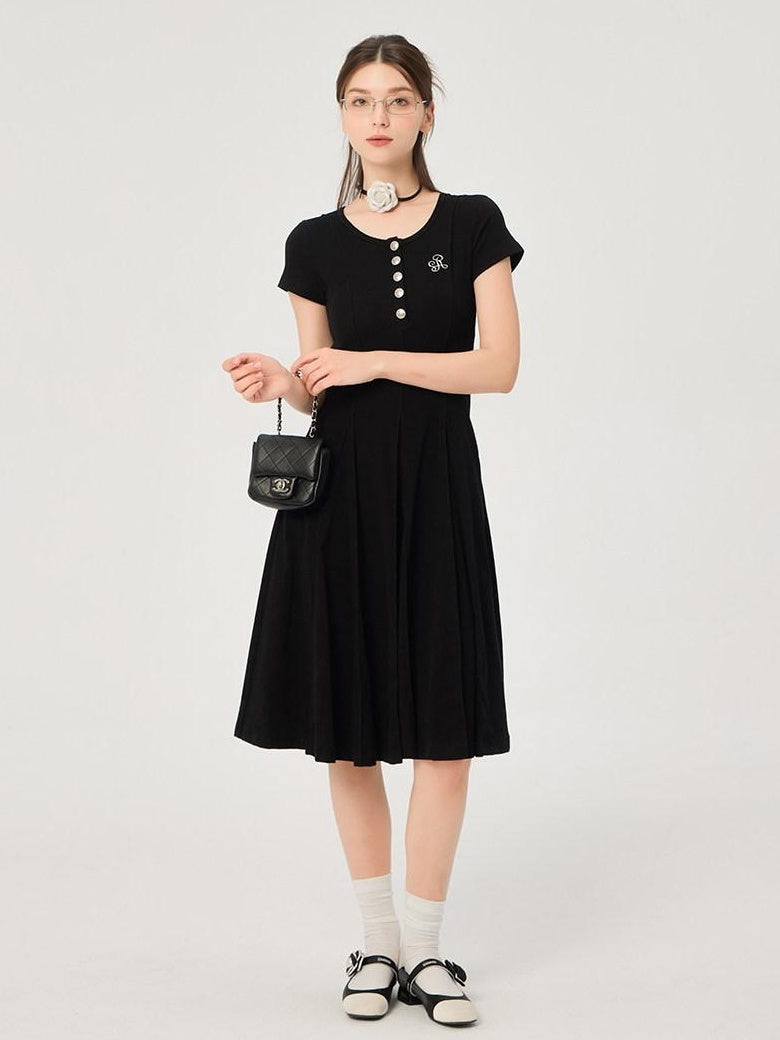 ikyou Soft Stretch Cotton Cinched Waist A Line U Neck Short Sleeve Black Maxi Dresses