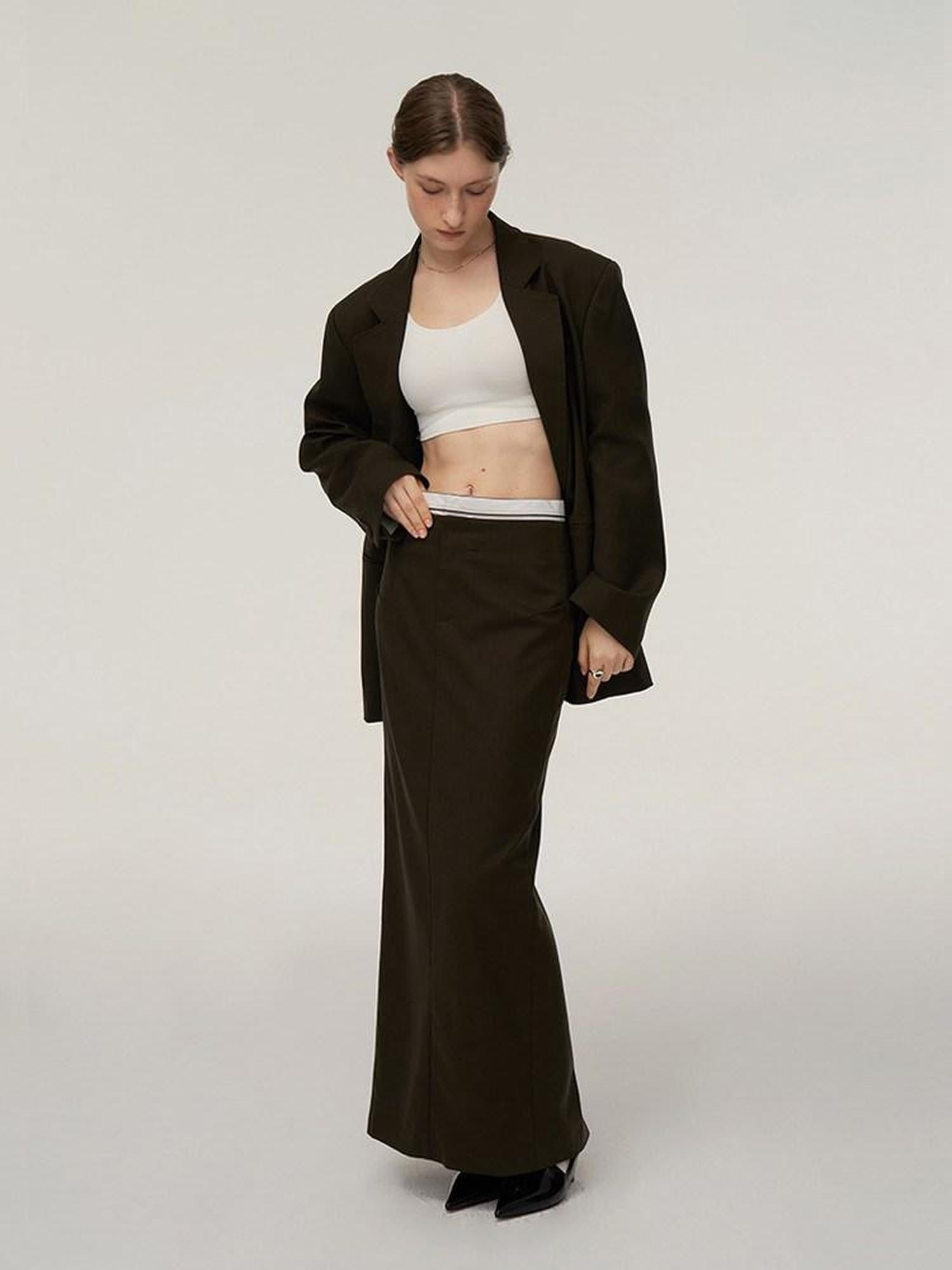 someonesometimes Pocketed Loose Blazer Workwear Women Green Coffee Acrylic Top & Skirt Sets