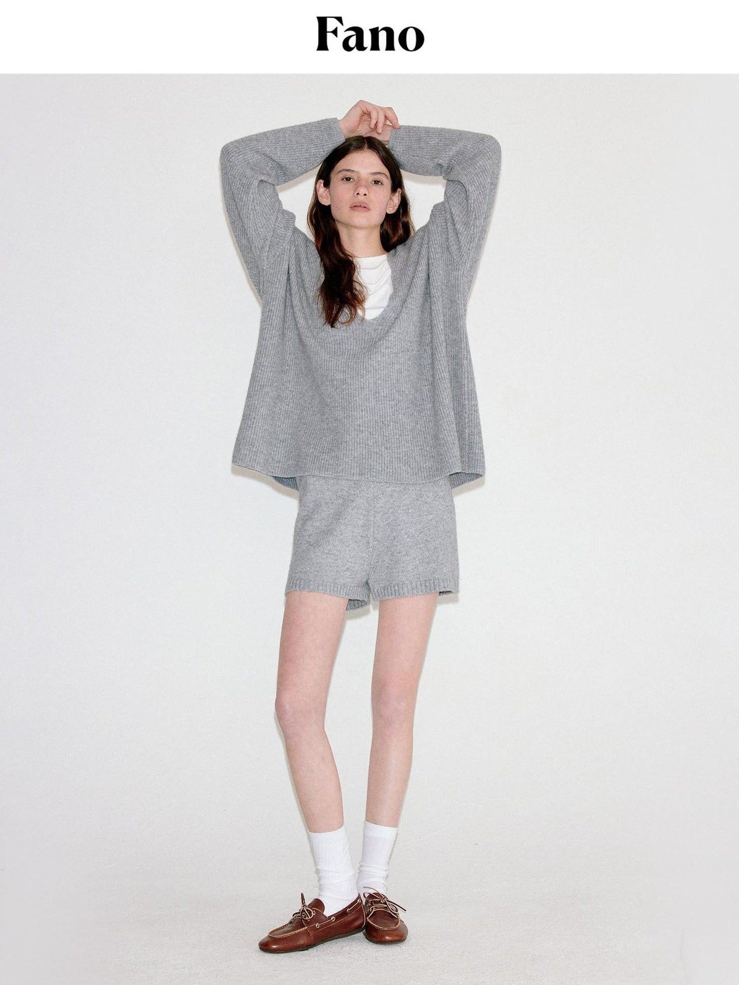 fano Light Heather Gray V-neck Knit Loose Casual Women Top & Shorts Sets