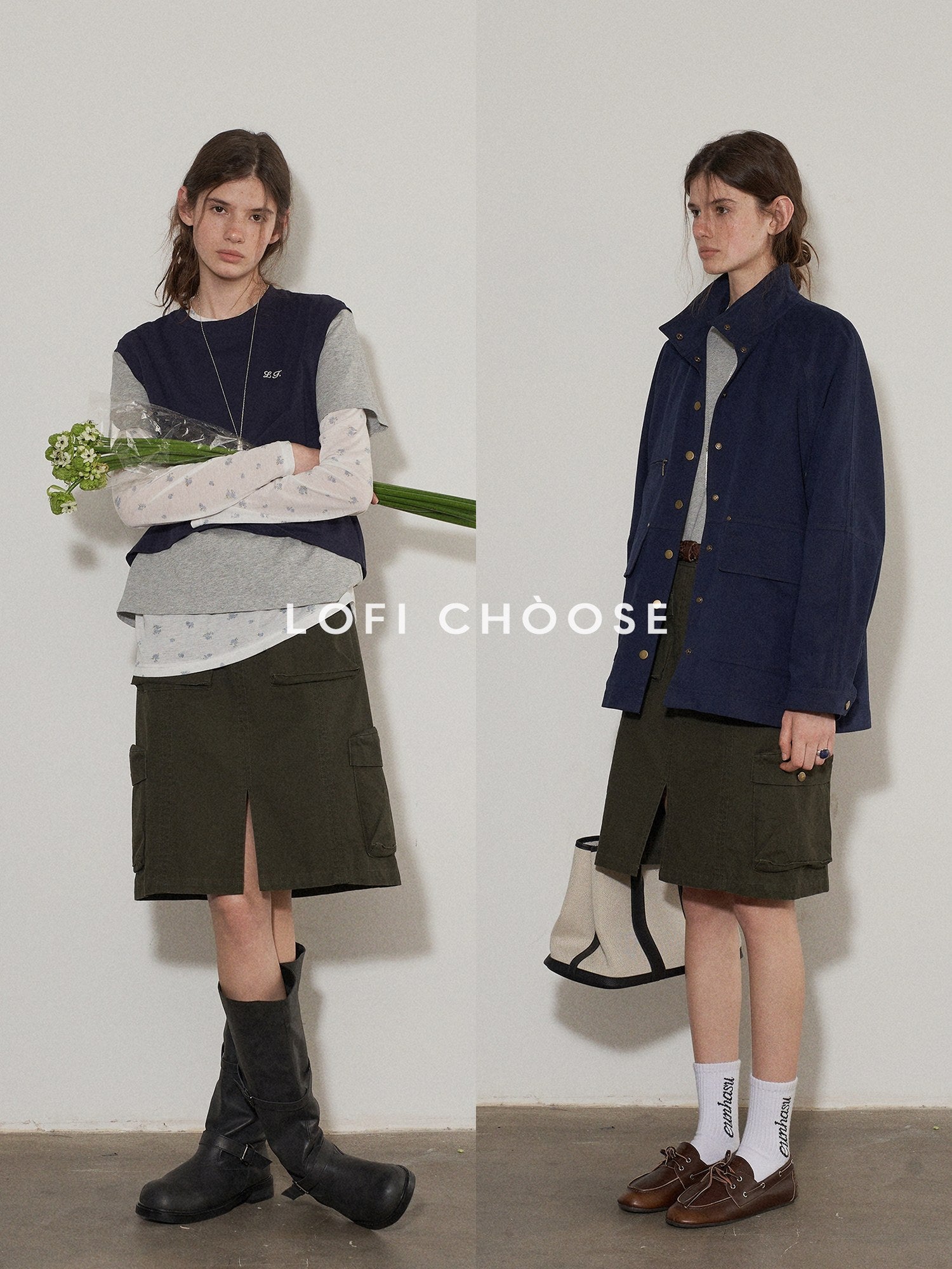 Lofi choose High Waist Cotton Slit H Line Loose Office Women Seaweed Green Midi Skirts