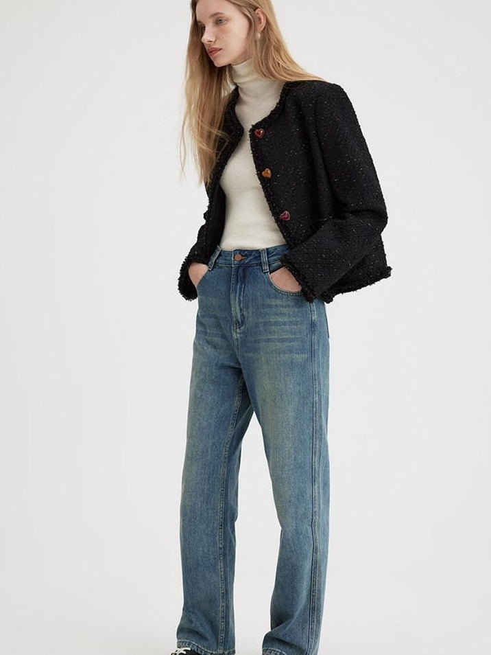 fano High Waist Washed Clean Straight Rigid Denim Blue Straight Leg Jeans