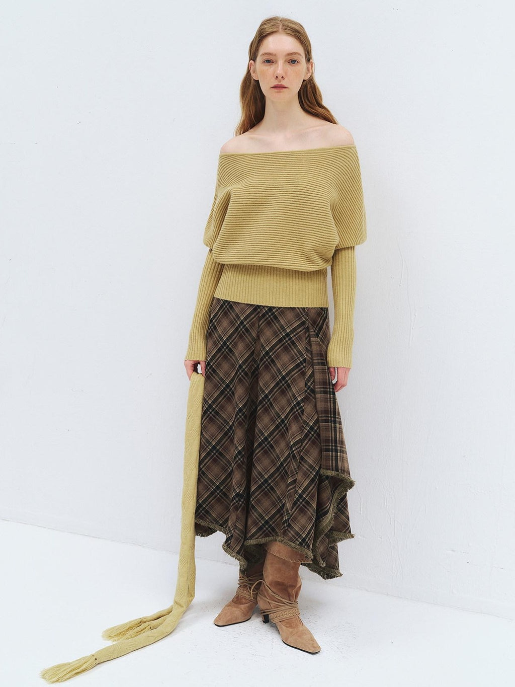 someonesometimes High Waist Vintage Irregular Hem Loose Fit Olive Check Casual Women Maxi Skirts