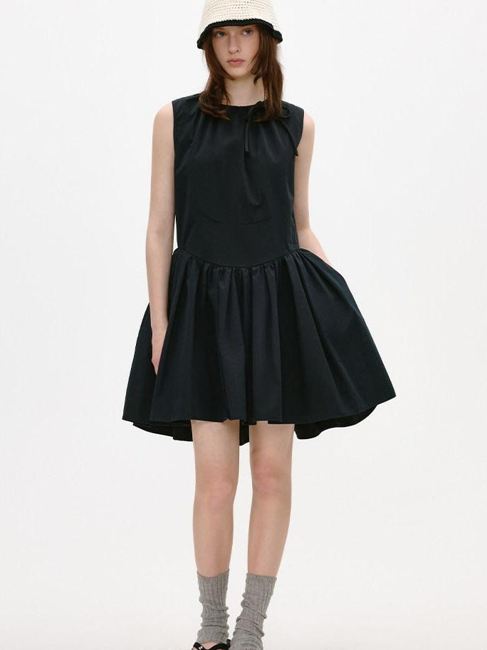 fano Sleeveless Korean Workwear A Line Natural Waist Cotton Blend Black Midi Dresses